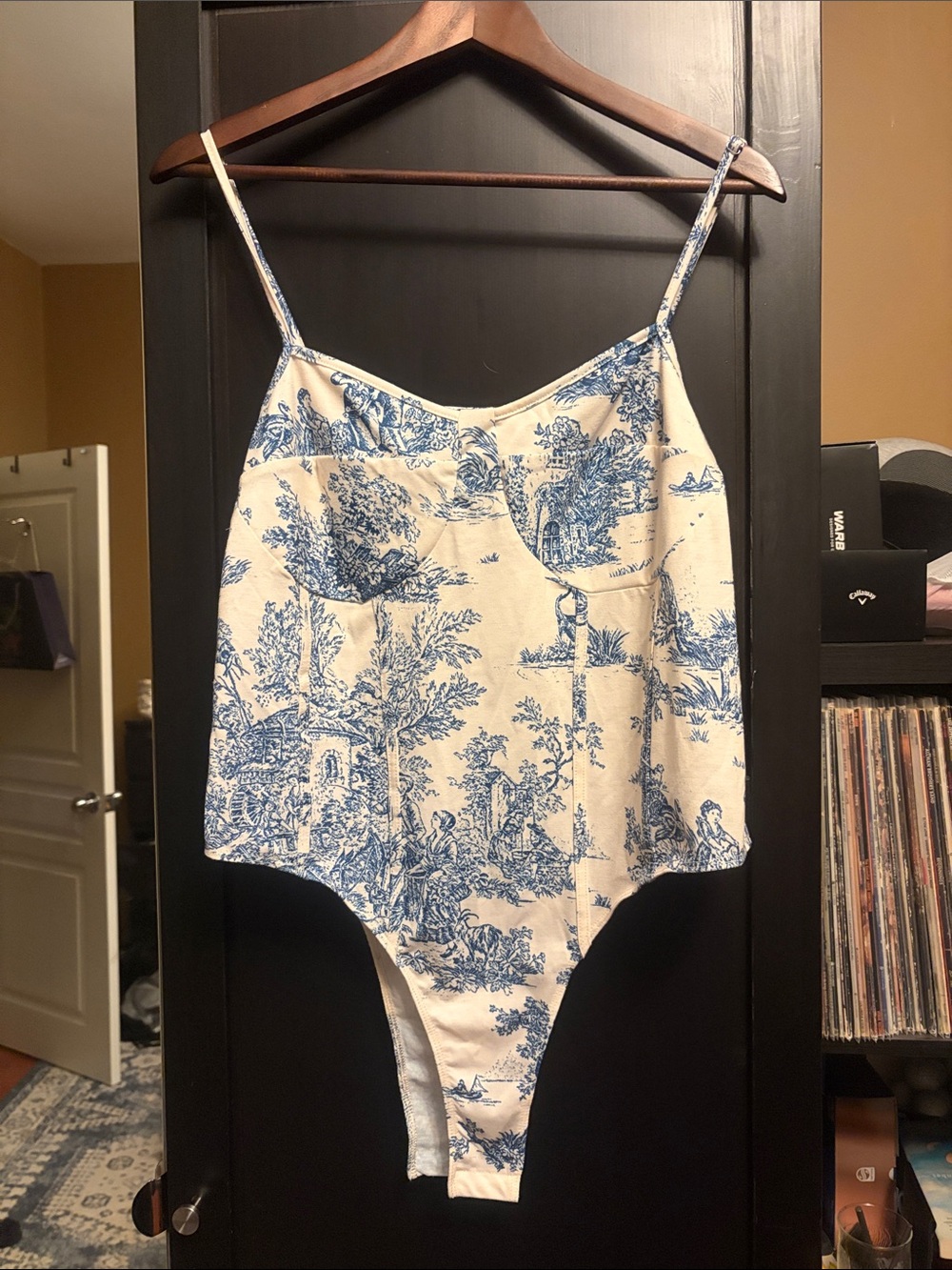Cream and Blue Toile Print Women One-Piece Bodysuit